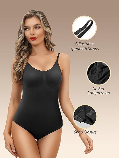 MANIFIQUE Sleeveless Tummy Control With Built in Bra Shapewear Bodysuit for  Women V Neck Fashion Top 