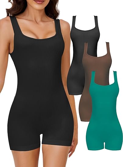 Bodysuit For Women Tummy Control Yoga Rompers Workout Ribbed