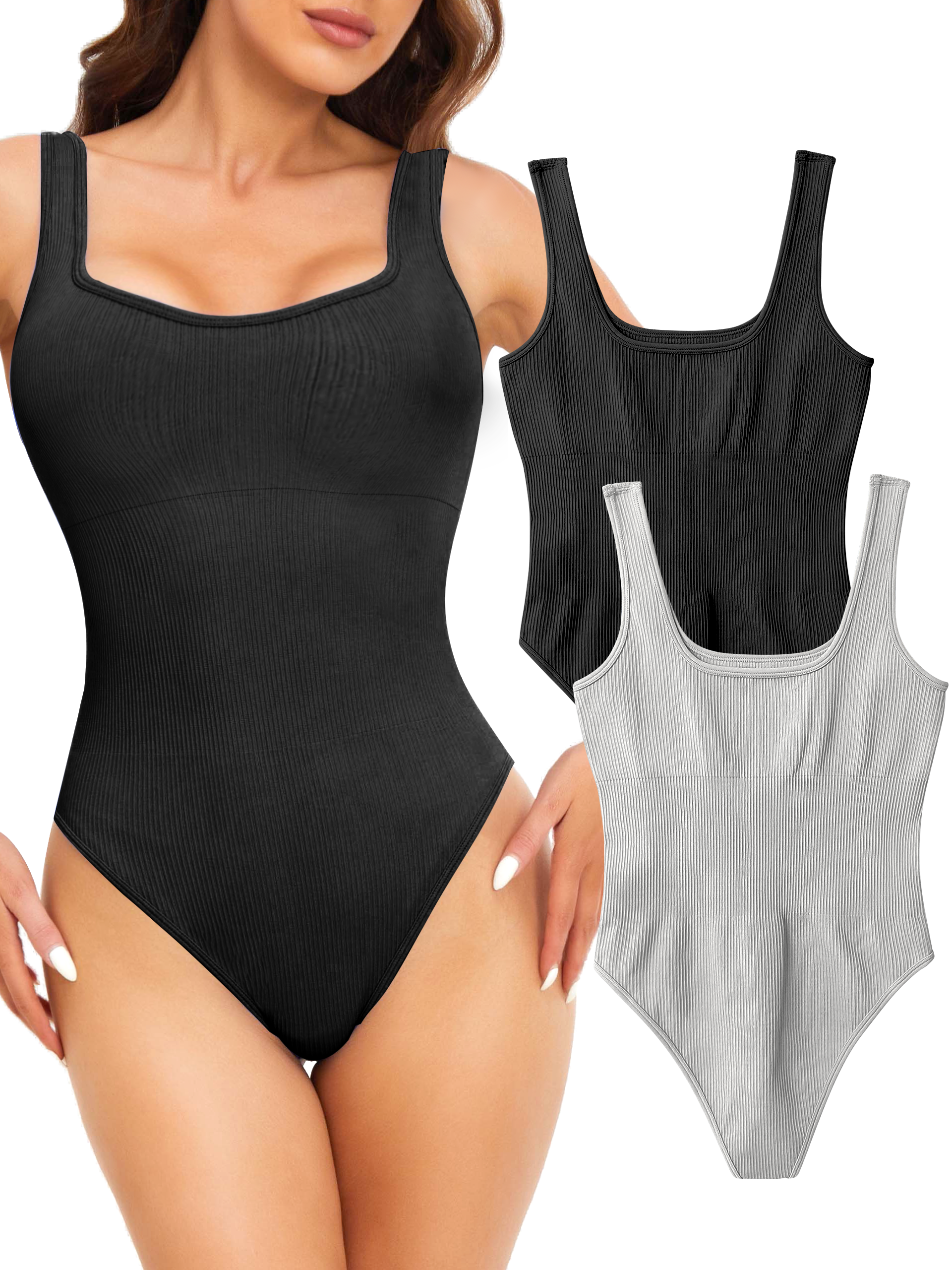 3 Piece Thong Bodysuit for Women Tummy Control Square Neck Bodysuit Rompers  Workout Sleeveless Tank Tops Sexy Jumpsuit : : Clothing, Shoes &  Accessories