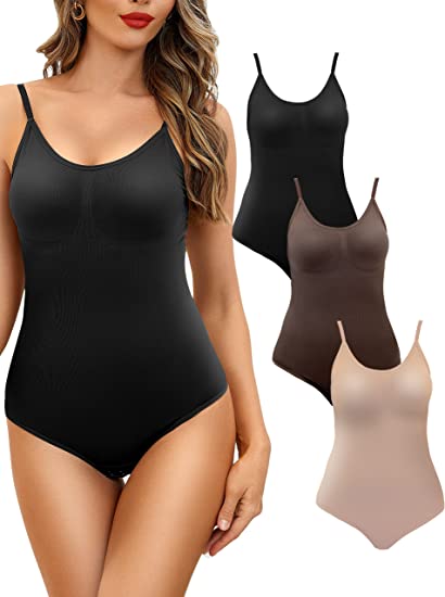 CHARMMA Women's Tummy Control Seamless Shapewear - 3 Piece Bodysuits Sexy  Ribbed Sleeveless Adjustable Strip Tops Body Shaper