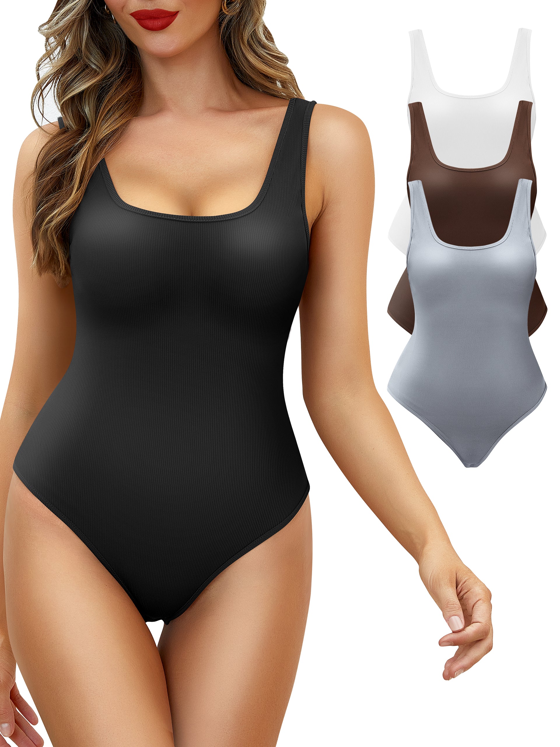 Women 3 Pack Bodysuits Tank Tops, Tummy Control Shapewear Sexy Ribbed  Slimming Round Neck Body Suits Clothing